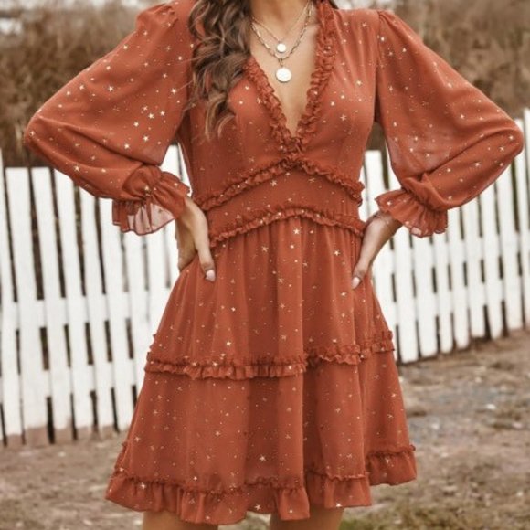 Rust Red Orange Glitter Stars V Neck Backless Ruff - Picture 1 of 3